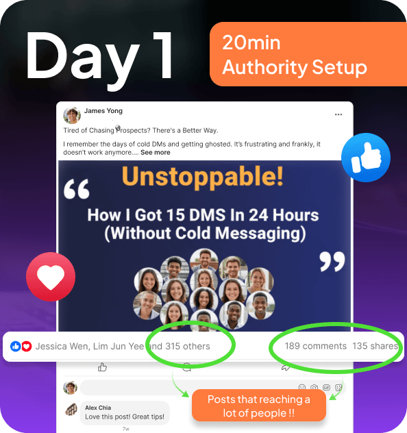 Day 1 — 20 minute authority setup, with an example post reaching 315 people