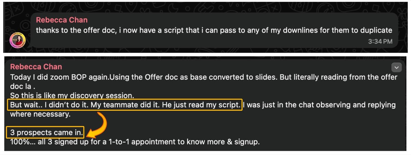 Screenshot of Rebecca's downline duplicating results