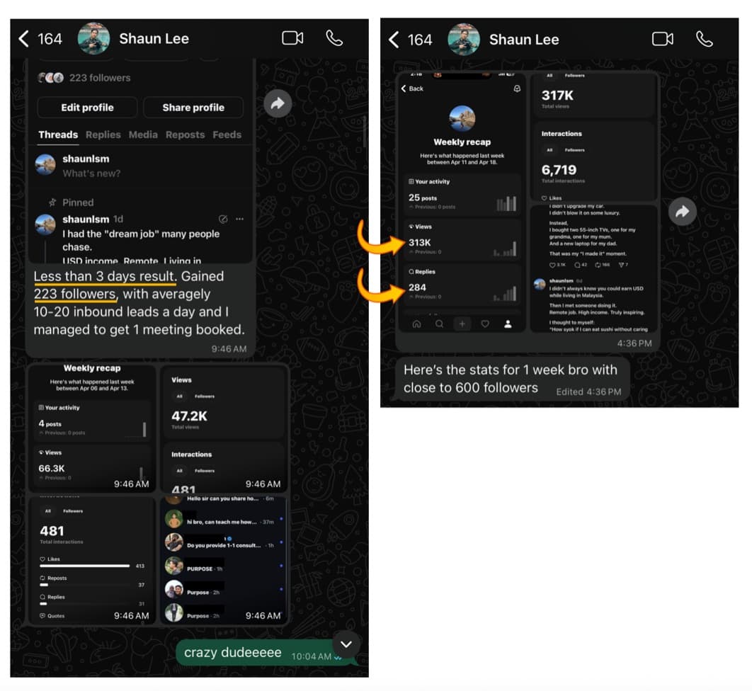 Screenshot of follower growth and daily inbound leads