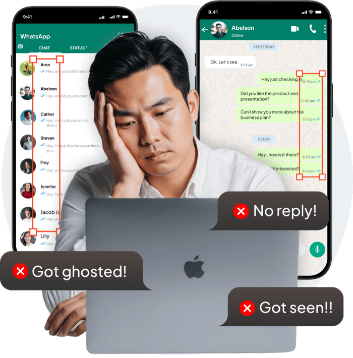 A network marketer with unanswered WhatsApp messages reading “No reply!”, “Got ghosted!” and “Got seen!!”