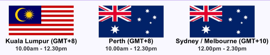 Session times — Kuala Lumpur (GMT+8) 10.00am to 12.30pm, Perth (GMT+8) 10.00am to 12.30pm, Sydney / Melbourne (GMT+10) 12.00pm to 2.30pm